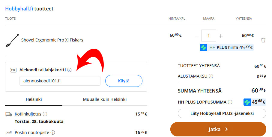 Hobby Hall alekoodi syötetään ostoskorissa. Kuvakaappaus, jossa oikea kenttä on osoitettu