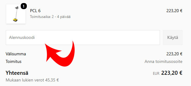 Alennuskoodi syötetään Kärcherin kassalla sille varattuun kenttään. Kuvakaappaus, jossa oikea kenttä osoitettu punaisella nuolella.