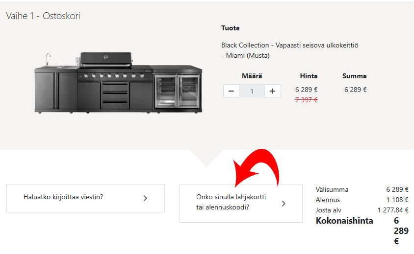 Alennuskoodi syötetään Minun Ulkokeittiö -kaupan ostoskorissa tarjouskoodikenttään ennen maksamista. Kuvakaappaus oikeasta kentästä.