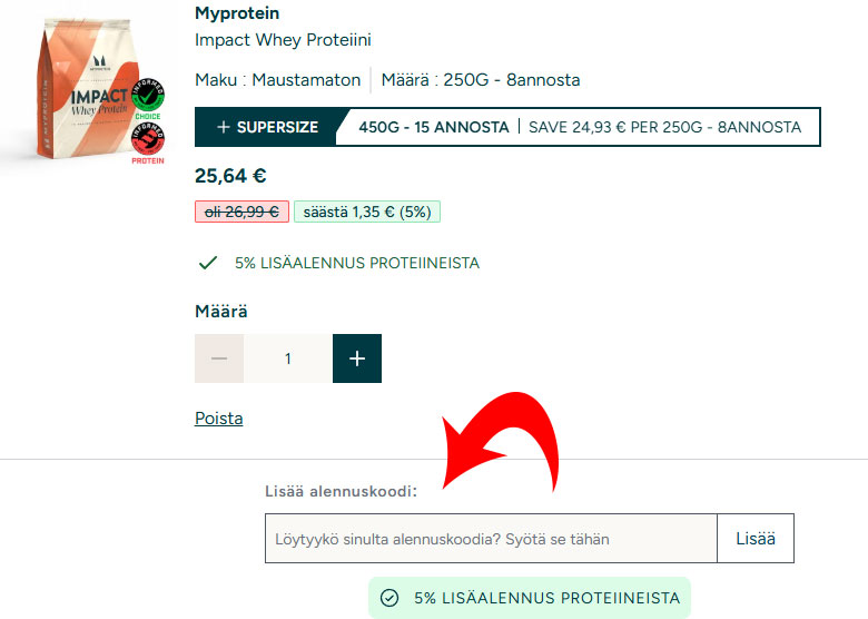 Alennuskoodi syötetään Myprotein-kaupan ostoskorissa sille varattuun kenttään. Kuvakaappaus, jossa oikea kenttä on osoitettu.