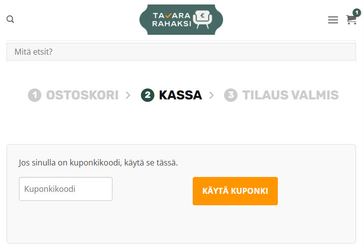 Alennuskoodi syötetään Tavararahaksi kassalla kuponkikoodi-kenttään. Kuvakaappaus oikeasta kohdasta.