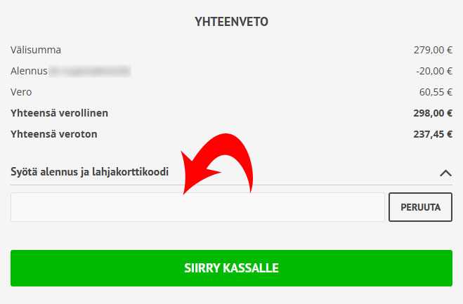 Alennuskoodi syötetään Treenikaupan kassalla kohtaan 'alennus tai lahjakorttikoodi'. Kuvakaappaus, jossa oikea kenttä osoitettu.